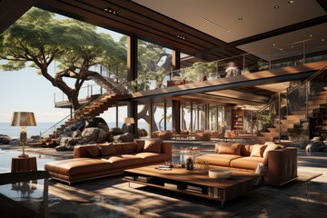 Fototapeta premium Contemporary living room loft interior, Luxury living room with nature in new home.