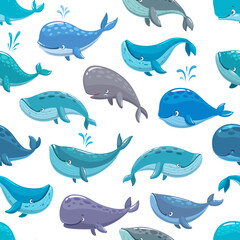 Fototapeta premium Cartoon whale characters seamless pattern. Vector repeated background with cute water animals. Sea or ocean creatures with fountains on white backdrop. Marine summer ornament for textile or wallpaper