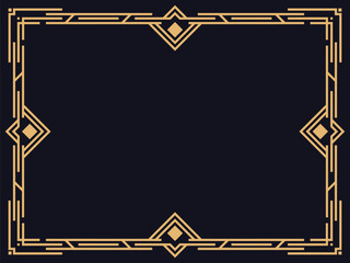 Art deco frame. Vintage linear border in gold color on a black background. Design a template for invitations, leaflets and greeting cards. The style of the 1920s - 1930s. Vector illustration