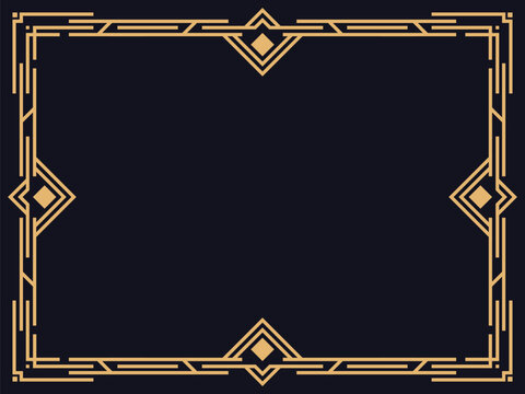 Art deco frame. Vintage linear border in gold color on a black background. Design a template for invitations, leaflets and greeting cards. The style of the 1920s - 1930s. Vector illustration
