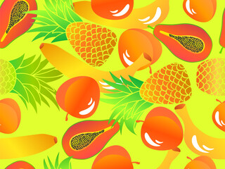Seamless pattern with papaya, peach, pineapple, banana. Summer exotic fruit mix with gradient colors in 3d style. Design for banners, posters and promotional materials. Vector illustration