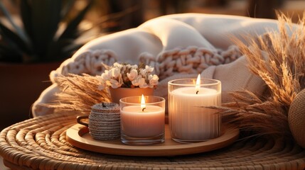 Elegant home decoration with wooden wick burning candle, Boho ethnic mockup.