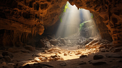 Cave with sunlight, A ray of light in the cave.