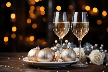 Christmas and New Year celebration with champagne, Festive New Year champagne and silver baubles.