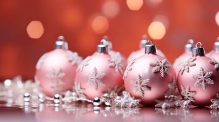 Fototapeta premium Christmas holidays composition with pink christmas Ball decorations on pink background with copy space.