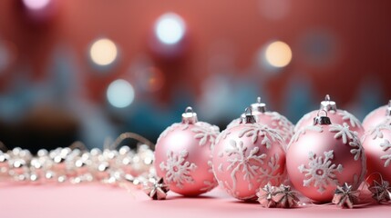 Christmas holidays composition with pink christmas Ball decorations on pink background with copy space.