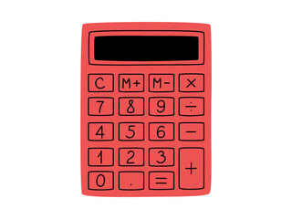 Hand drawn cute illustration of school calculator. Flat vector college computing device in colored doodle style. Education or study sticker, icon. Back to school. Isolated on white background.