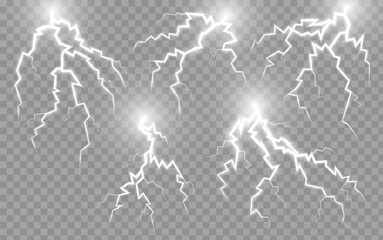 Lightning effect. Thunder bolt, electric spark, thunderstorm, flash strike of white color. Isolated realistic 3d vector impact, crack, magical energy explosion. Powerful electrical discharge with glow