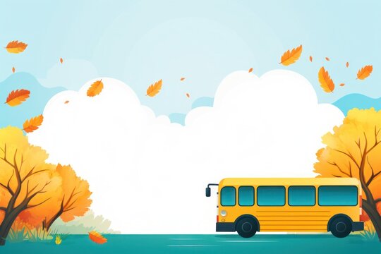 Autumn background with school bus and falling leaves