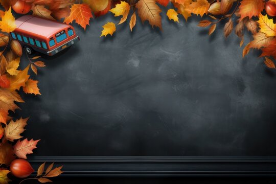 Autumn background with school bus and falling leaves