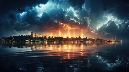 Lightning storm over the city, Concept on topic weather, Hurricane, Storm.