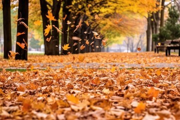 Autumnal Pathway: Golden Leaves Dancing Through Sunlit Park Alley