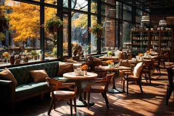 Fototapeta na wymiar Modern cafe at day, Relax and food scene, Loft style modern cafe interior.
