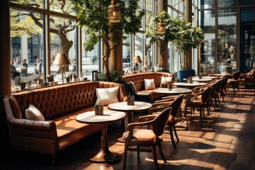 Fototapeta na wymiar Modern cafe at day, Relax and food scene, Loft style modern cafe interior.