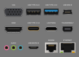Connector and charge ports. Usb and vga, hdmi and audio realistic sockets for gadget and electronics device, laptop, modem, ethernet. Vector thunderbolt, lightning, mini or micro usb plug types - obrazy, fototapety, plakaty