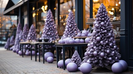 Fototapeta na wymiar Merry Christmas, Modern purple christmas tree with ornaments and lights in store front or building facade, Christmas festive street decor for winter holidays.