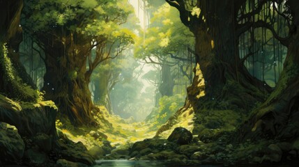 Ancient forests stand sentinel, their towering canopy forming a verdant cathedral where rays of sunlight filter through emerald leaves. Watercolor Painting. Generative AI