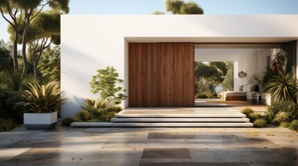 Modern house front solid wood door, Entrance in a modern luxury villa interior.