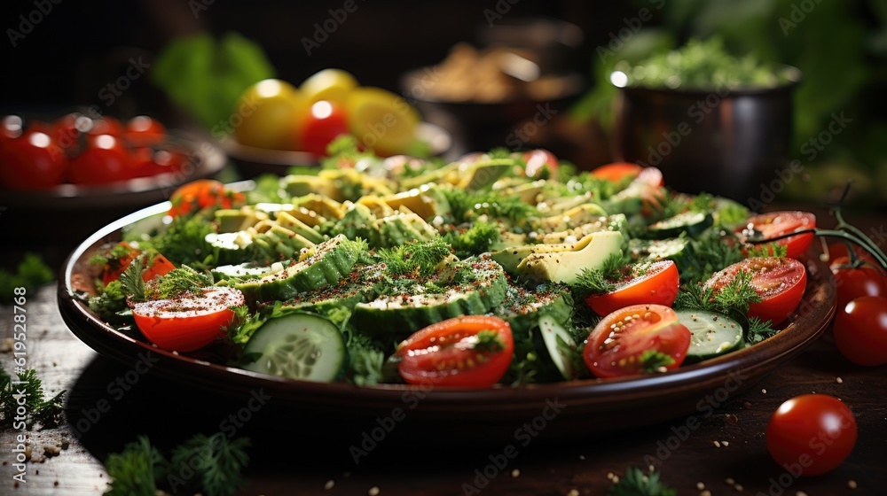 Poster salad with vegetables and greens on wooden, Healthy food.