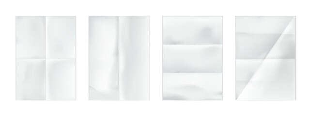 White folded paper sheets with crossing creases, old blank letter background crossing creases top view. Vector set of realistic pages with crumpled texture for scrapbooking, collages, or writing