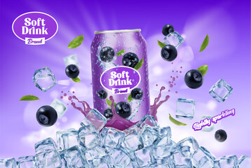 Blueberry drink can and ice cubes. Juice splash, berry ice crystals. Vector ads banner features refreshing natural flavor for hot summer days, to stay hydrated and enjoy the taste of fresh berries