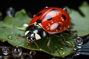 Obraz premium Red Ladybug Resting on a Green Leaf.
