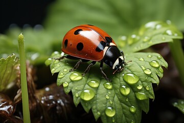 Fototapeta premium Red Ladybug Resting on a Green Leaf.
