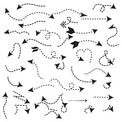 Arrow icon. Direction icon. Hand drawn arrow set. Set of hand drawn dashed arrows. Doodle arrow. Collection different arrows sign.  Modern simple arrows vector. Black Arrows set.