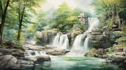 Fototapeta premium Cascading waterfalls tumble down rocky precipices. Their crystalline torrents cascading into hidden pools of tranquil beauty. Watercolor Painting. Generative AI