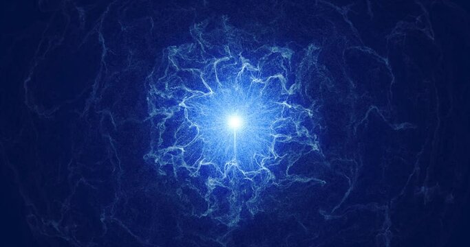 An abstract star that emits flying waves of matter into space. Blue magic ball. Energy sphere.