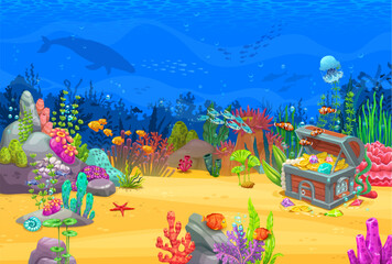 Cartoon game level underwater landscape with treasure chest, coral reefs, hidden loot, and colorful marine life. Vector gui background where players can explore, enchanting world beneath the sea waves