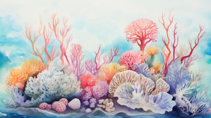 Fototapeta na wymiar Coral reefs teem with an explosion of colors. Delicate marine life painting a living masterpiece amidst the crystal-clear waters of the ocean. Watercolor Painting. Generative AI