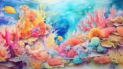 Obraz na płótnie Canvas Coral reefs teem with an explosion of colors. Delicate marine life painting a living masterpiece amidst the crystal-clear waters of the ocean. Watercolor Painting. Generative AI