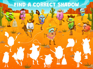 Find a correct shadow of cartoon vitamin A, B and E cowboy, bandit and sheriff characters kids game quiz. Vector worksheet with western Wild West game personages of vitamin and mineral pills