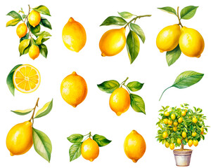 Watercolor yellow lemon, citrus fruits set isolated on white background. PNG transparent background. AI Generative.