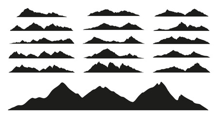 Mountain range black silhouettes of rocky landscape shapes, vector hills and rock peak icons. Mountain rocks or canyon mount range silhouette for hiking, camping tourism or climbing sport and travel - obrazy, fototapety, plakaty