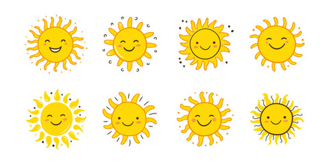 Doodle sun icons set. Hand drawn smile yellow sun with rays symbols. Doodle children drawings collection. Hand drawn star character. Hot weather sign. Vector illustration isolated on white background