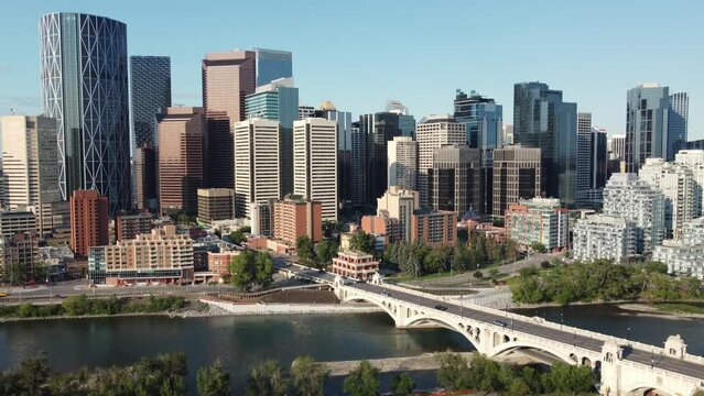 Aerial view of Calgary's urban city centre on a beautiful summer morning, 
