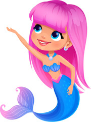 Cartoon mermaid character. Adorable cute underwater sea princess with pink flowing hair, blue shimmering tail, and friendly smile. Isolated vector personage ready to dive into magic adventure story