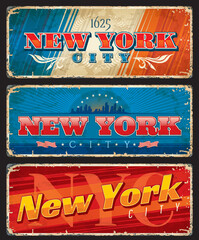 New York City travel plates and stickers, USA landmarks vector grunge tin banners. Skyline with Manhattan cityscape buildings, blue water waves, NYC flag, stars and stripes banners vintage postcards
