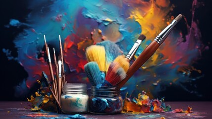 Paint brushes and palette of colors on color background