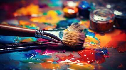 Fototapeta premium Paint brushes and palette of colors on color background