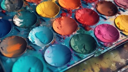Close-up of a palette with watercolors in different colors