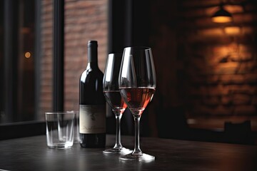 Restaurant background with two wine glasses and a wine bottle on table, copy space