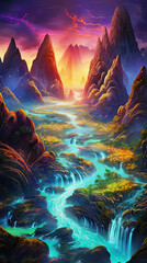 Fototapeta na wymiar neon colored glowing fantasy landscape with mountains and waterfalls, vertical generative ai illustration