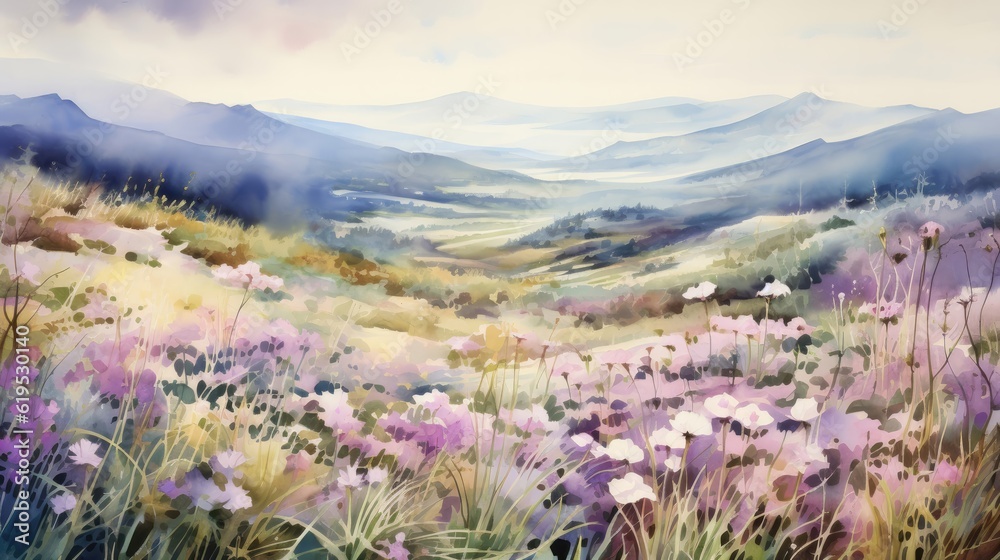 Wall mural Rolling hills cloaked in heather and wildflowers form a patchwork quilt of hues, inviting wanderers to lose themselves in nature's embrace. Watercolor Painting. Generative AI