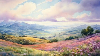Fototapeta na wymiar Rolling hills cloaked in heather and wildflowers form a patchwork quilt of hues, inviting wanderers to lose themselves in nature's embrace. Watercolor Painting. Generative AI