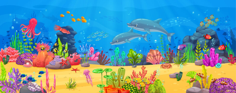 Banner or arcade game level with sea underwater animals and seaweeds ocean landscape. Cartoon vector background with bright undersea biodiversity, dolphins, octopus, jellyfish and starfish on seafloor © Vector Tradition