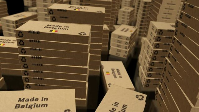 Made in Belgium box production line. Manufacturing and delivery. Product factory, import and export. Abstract concept 3d rendering loopable seamless animation. Camera flying between stacks.