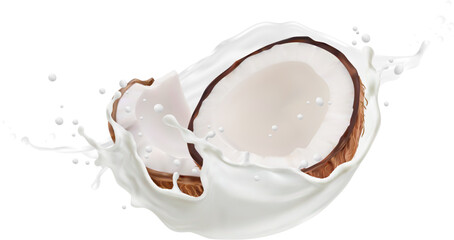 Realistic coconut milk drink and splash with splatters evoking a sense of tropical delight and indulgence. Isolated 3d vector coco nut halves with fresh white liquid flow captured mid-air in motion - obrazy, fototapety, plakaty